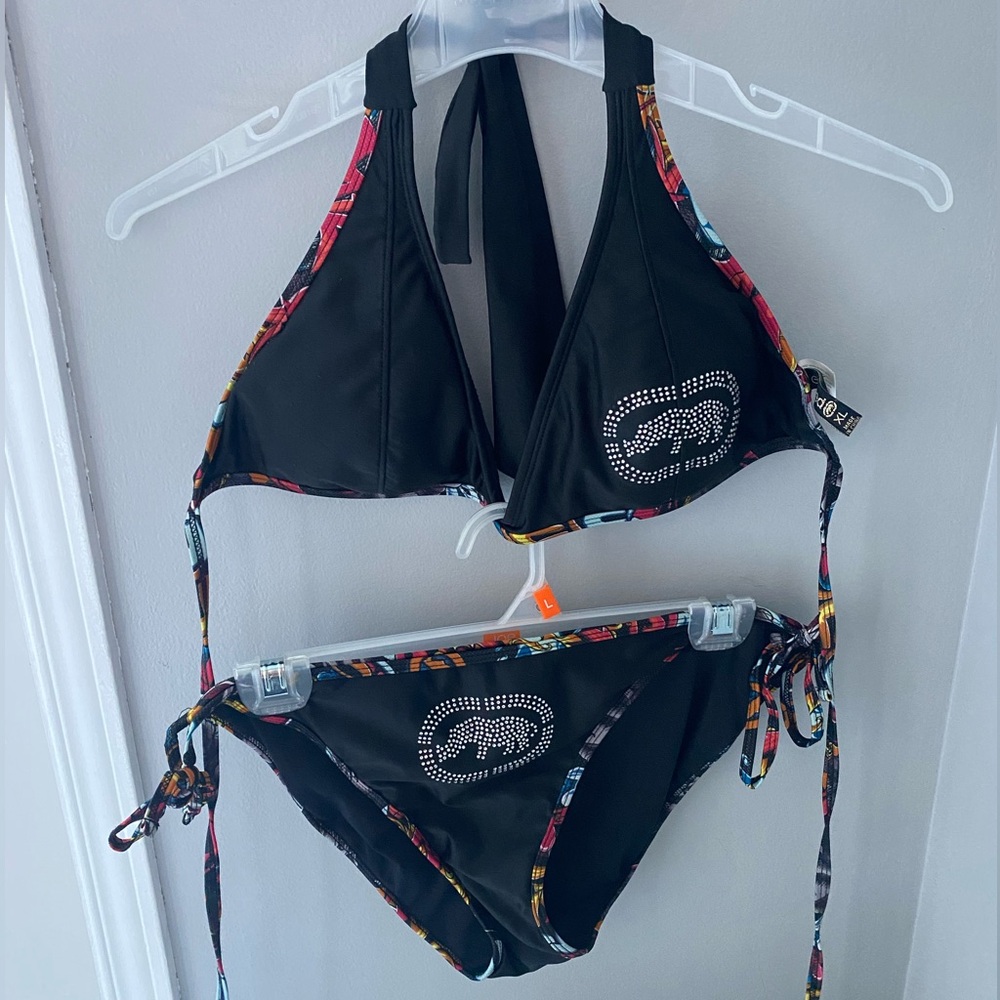 🔴 Ecko Red Black 2 Pieces Bikini with Colorful Trim And Bedazzled Logo